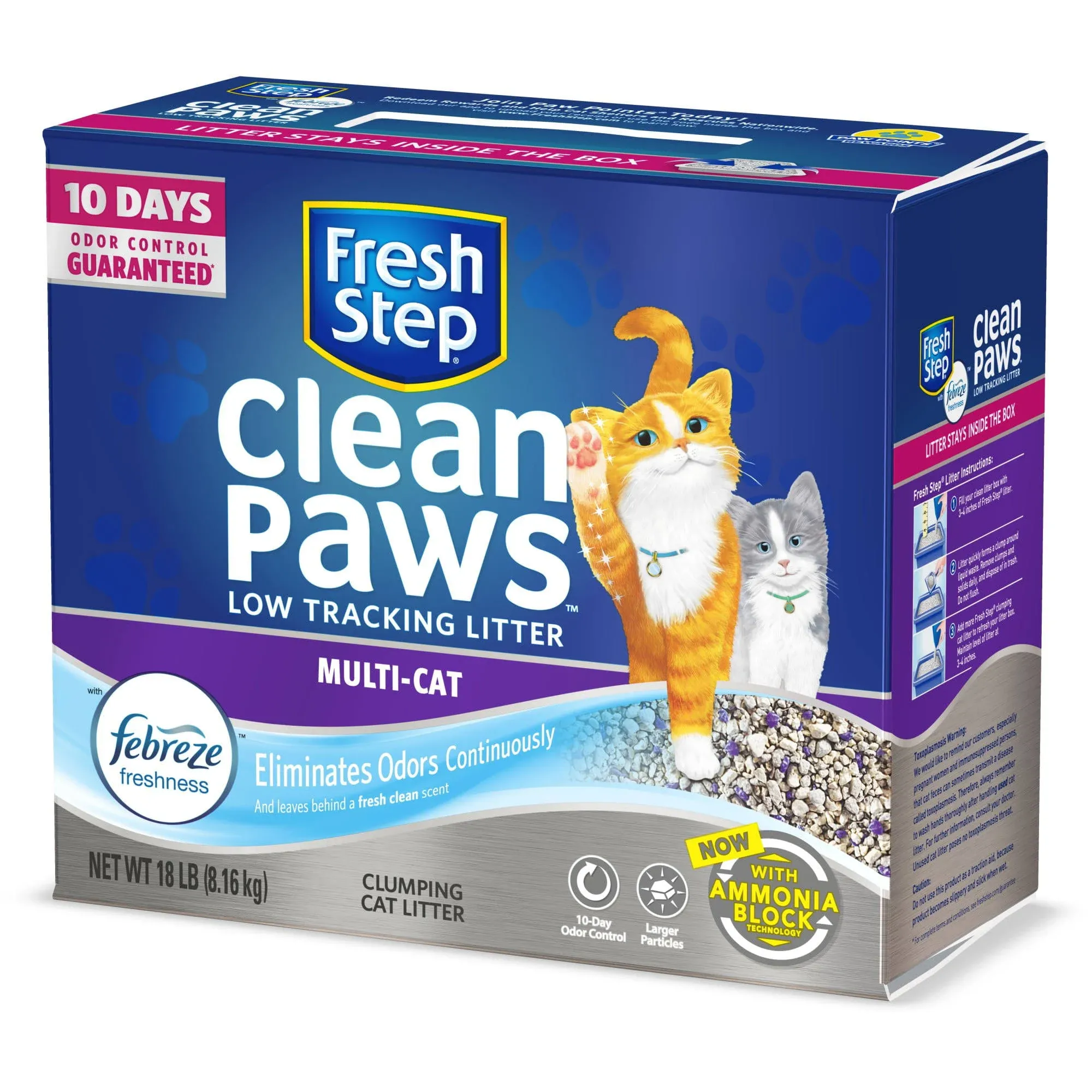 Fresh Step Clean Paws Clumping Cat Litter, Low Tracking, Multi-Cat - 22.5 lb