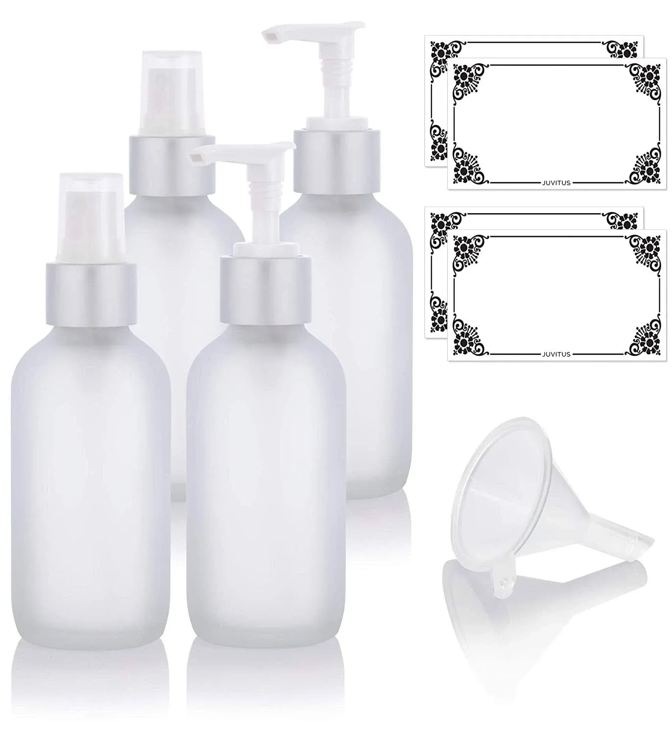 JUVITUS 4 oz / 120 ml Frosted Clear Glass Boston Round Bottle with Silver Fine Mist Sprayer (4 Pack) + Funnel