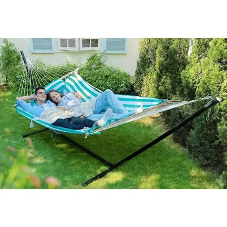 Double Outdoor Hammock with Stand, 2 Person Cotton Rope Hammock with Polyester Pad and Pillow for Backyard Porch Patio Garden