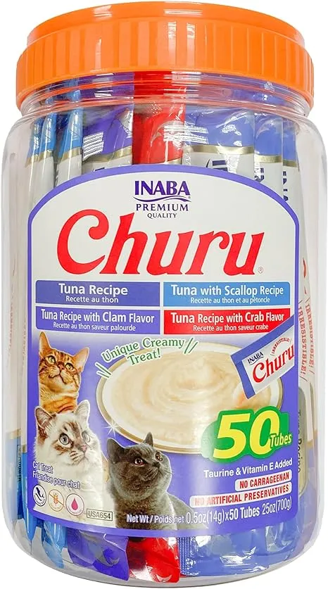 INABA Churu Creamy, Lickable Purée Cat Treat w Taurine, 0.5 oz, 50 Tubes, Tuna & Chicken Variety