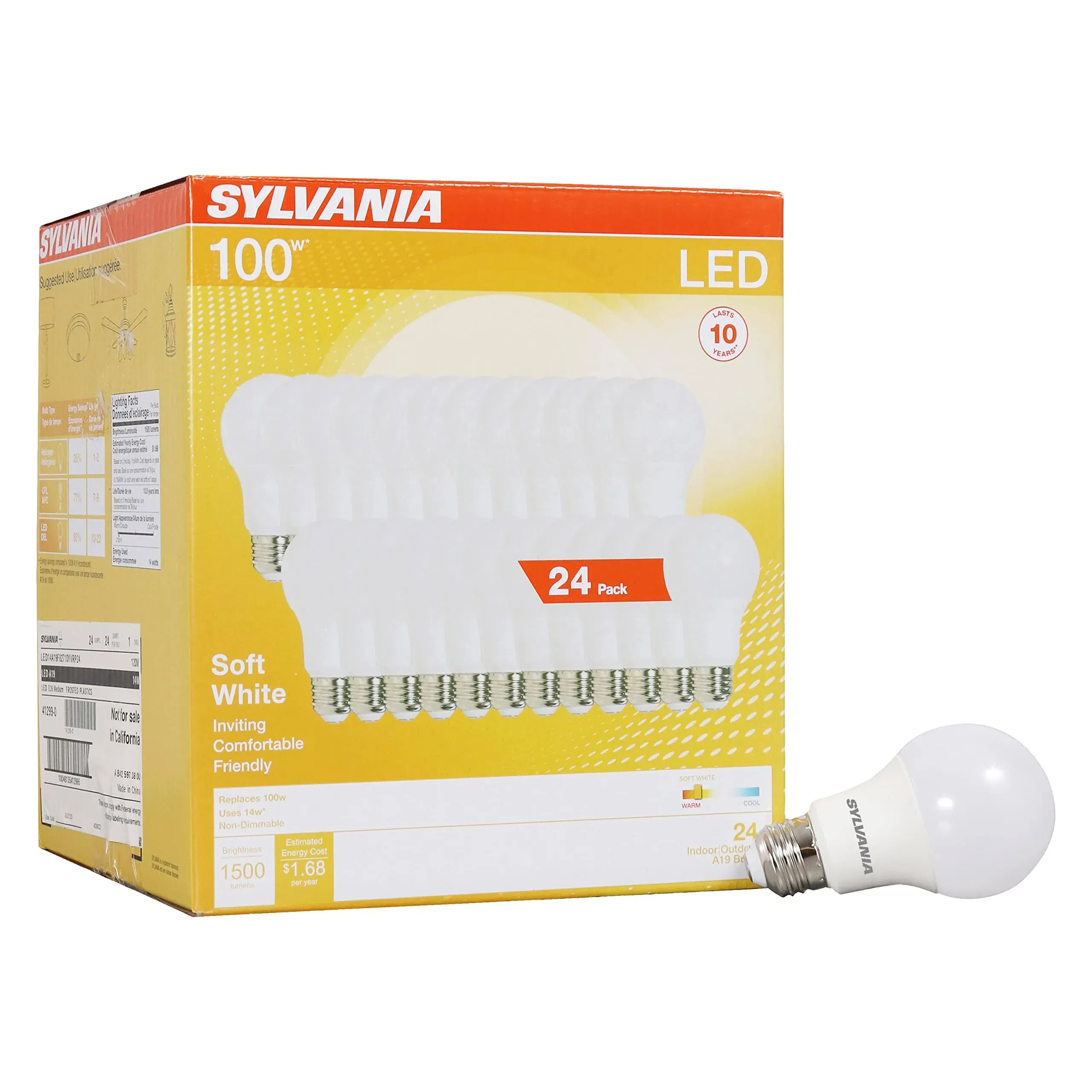 Sylvania LED Light Bulb, 100W Equivalent A19, Efficient 14W, Medium Base, Frosted Finish, 1500 Lumen, Soft White - 24 Pack (41299)