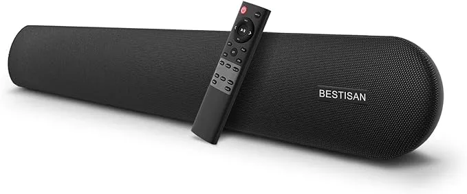 Soundbar, BESTISAN 80 Watts TV Sound Bar Home Theater Speaker with HDMI, Optical, RCA, AUX Port, Bluetooth 5.0, Movie/Music/Dialogue Audio Mode, Enhanced Bass Technology, Bass Adjustable, 2023 Version