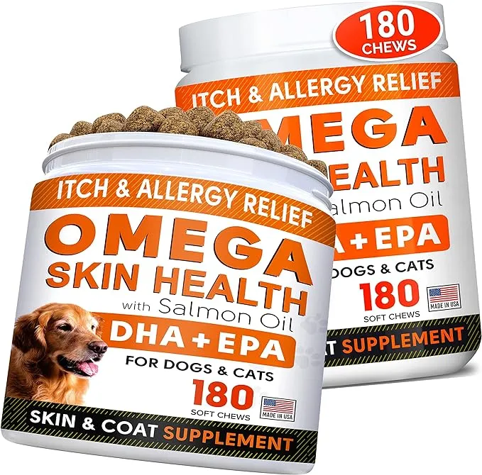 STRELLALAB Omega 3 for Dogs - (360Ct) Fish Oil Treats - Allergy & Itch Relief Skin&Coat Supplement - Dry Itchy Skin, Shedding, Hot Spots Treatment, Anti Itch - Pet Salmon Oil Chews - Chicken Flavor