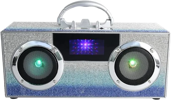 Mini Boombox with LED Speakers – Retro Bluetooth Speaker w/Enhanced FM Radio - Perfect for Home and Outdoor (Blue Bling)