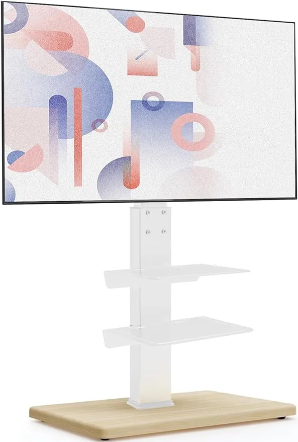 YOMT TV Floor Stand with Wood Base,Upgraded Universal White TV Stand for 32-75 inch TVs,Height Adjustable,Swivel Tall TV Stand with Mount for Bedroom,Livingroom,Corner