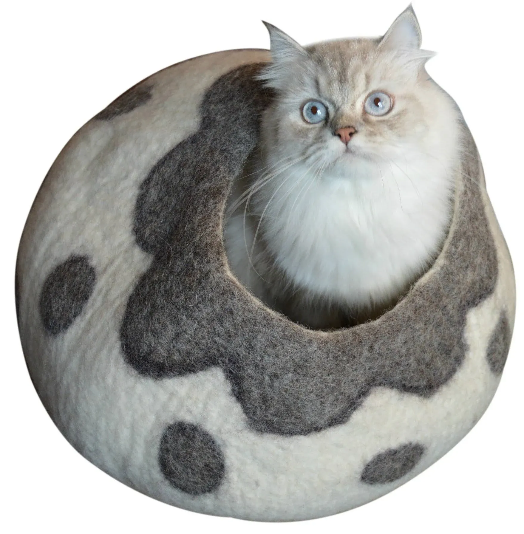 Earthtone Solutions Cat Cave Bed, Gray White Handmade Felted Wool, Large Covered