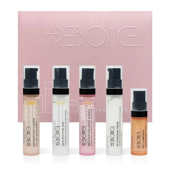 REBONCEL Korean Skin Care Set Travel Kit, TSA Approved Travel Size Toiletries, Cleanser, Toner, Essence, Cream, Serum | Travel Essentials Gift Set | All-Natural Moisturizing Skincare