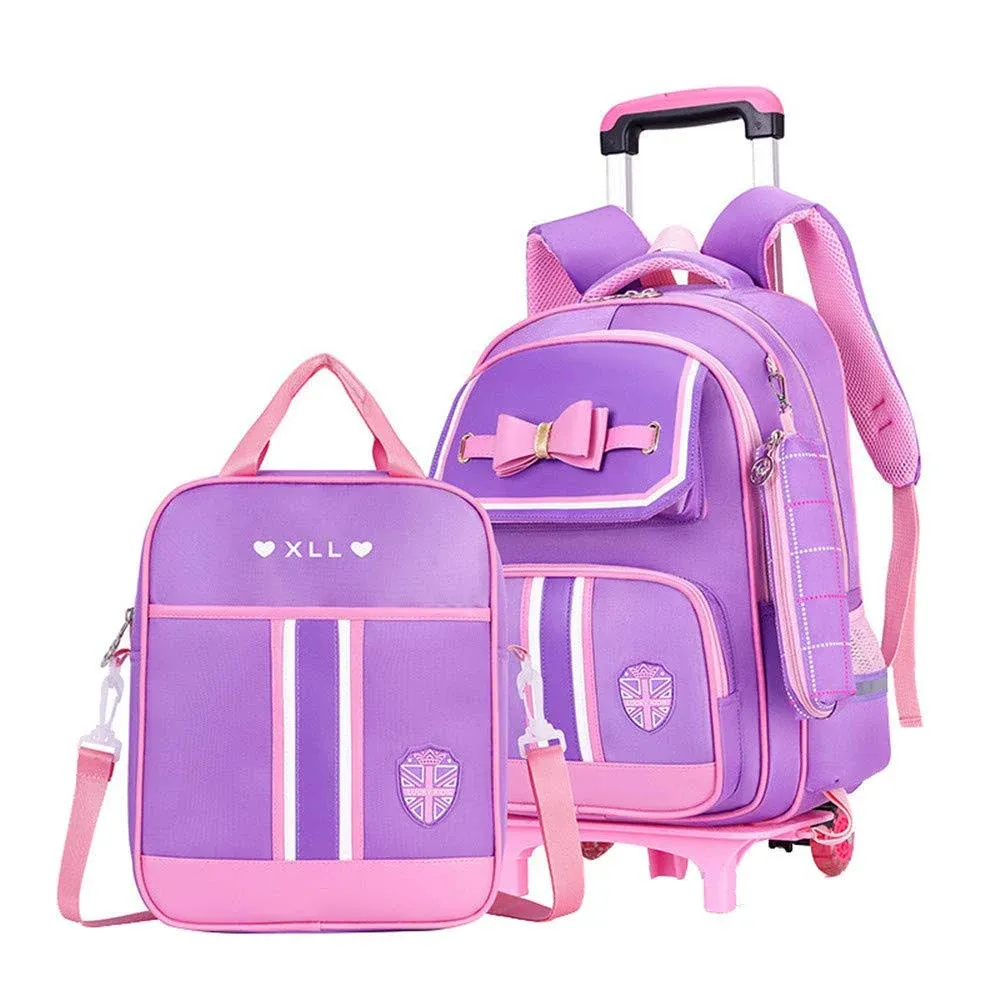 MITOWERMI Rolling Backpack for Girls Cute Trolley Bags Primary School Bookbags with Wheels Kids Carry-On Wheeled Backpack with Lunch Bag