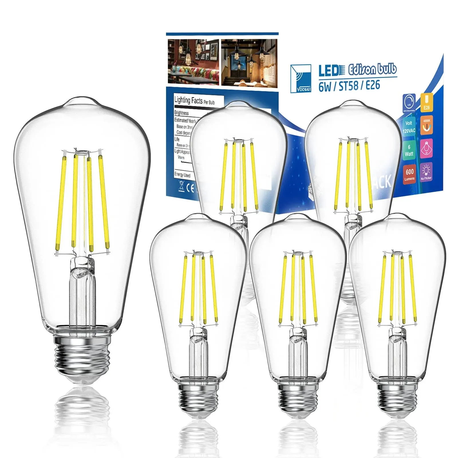 Daylight Bulbs 4000K LED E26 60W, 6W Equivalent to 60W Edison High Brightness ST58 Antique Non-Dimmable Filament Bulbs Clear Glass Pack of 6