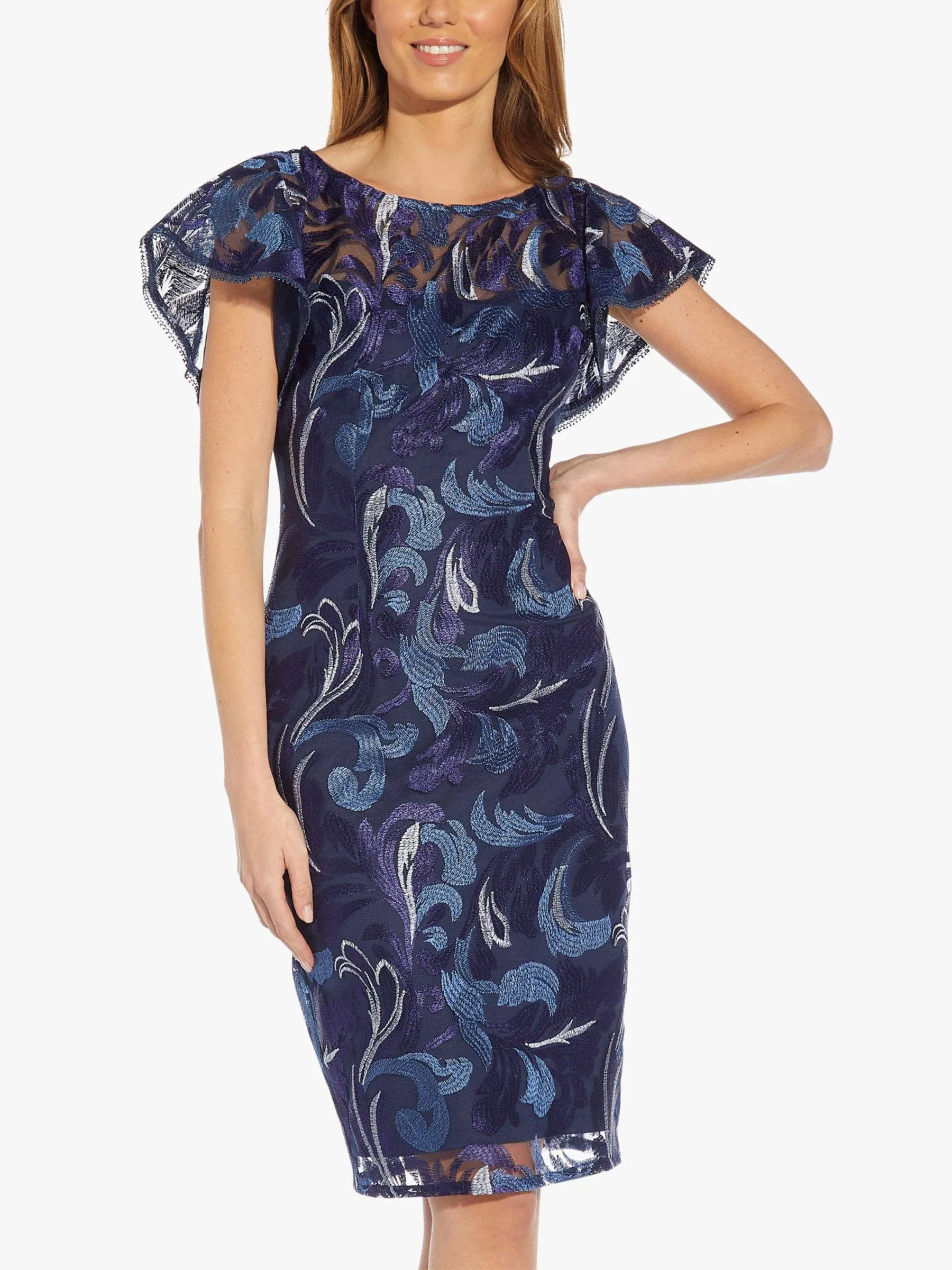 Adrianna Papell EMBROIDERED FLUTTER SLEEVE MIDI SHEATH DRESS IN NAVY MULTI