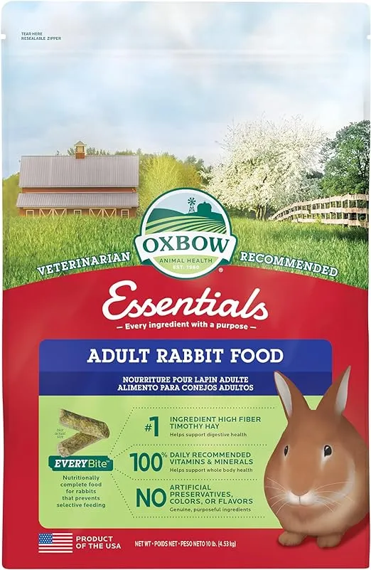 Oxbow Essentials Adult Rabbit Food - All Natural Adult Rabbit Pellets - Veterinarian Recommended- No Seeds, Fruits, or Artificial Ingredients- All Natural Vitamins & Minerals- Made in the USA- 10 lb.