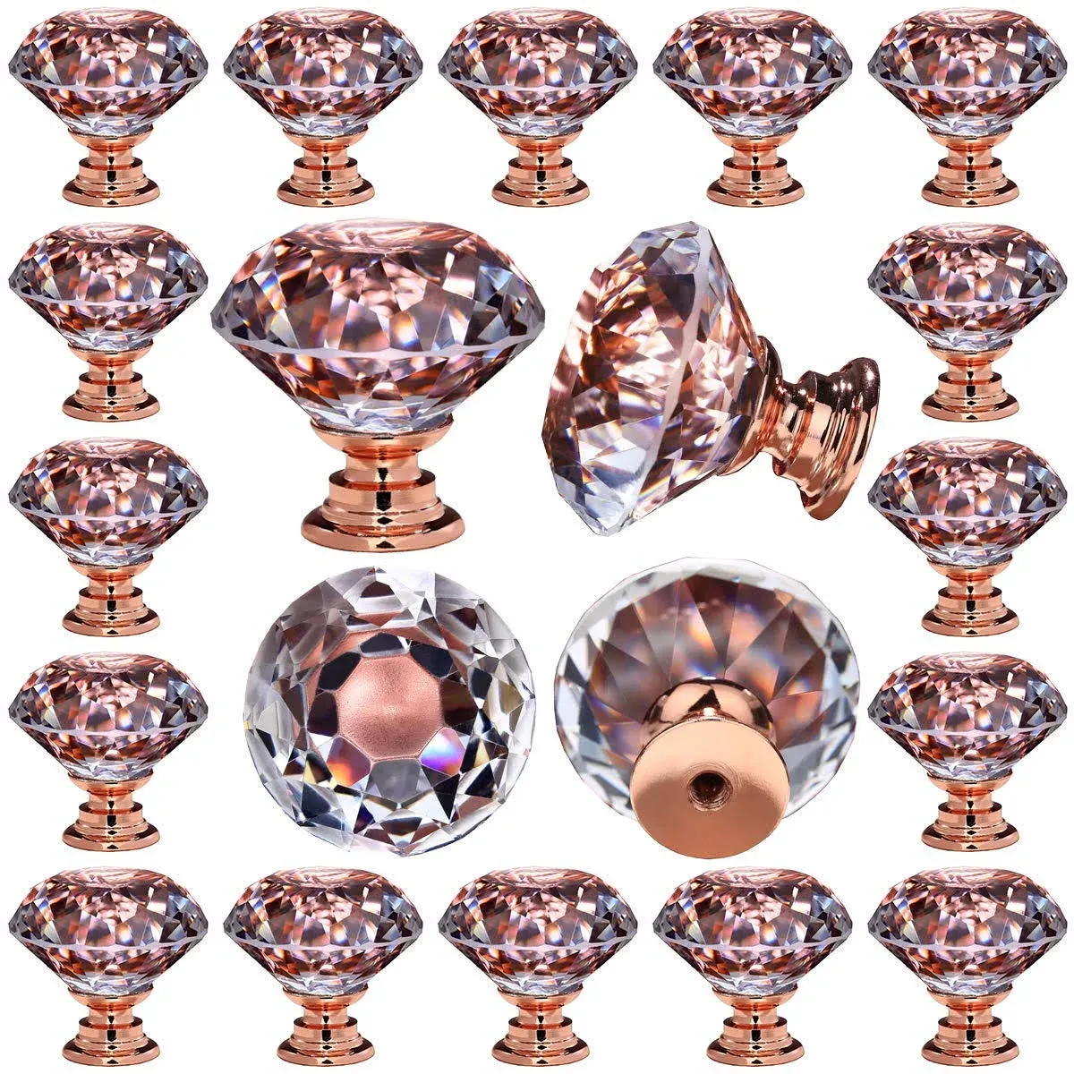 26 Pcs Crystal Rose Gold Glass Drawer Pulls 30 Mm Decorative Knobs for Kitchen B