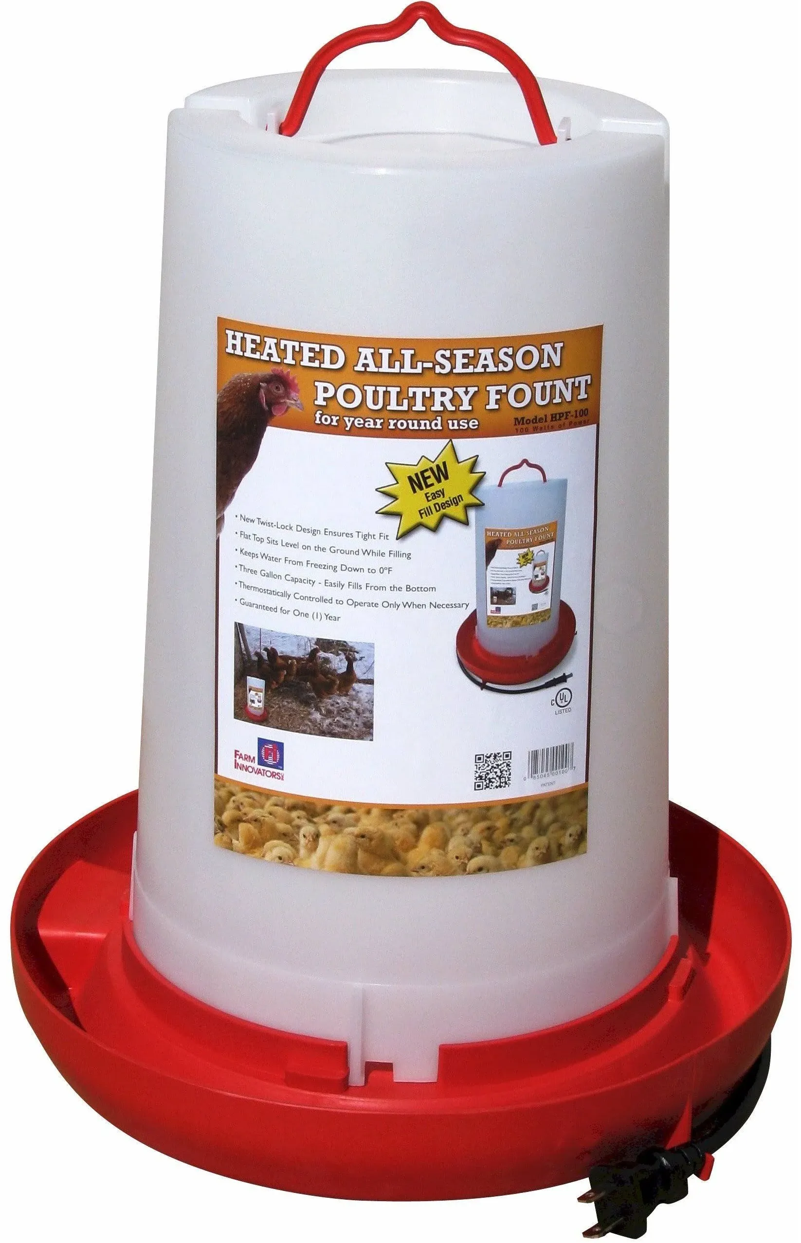 Farm Innovators All-Seasons Heated Plastic Poultry Fountain, 3 Gallon, 100-Watt