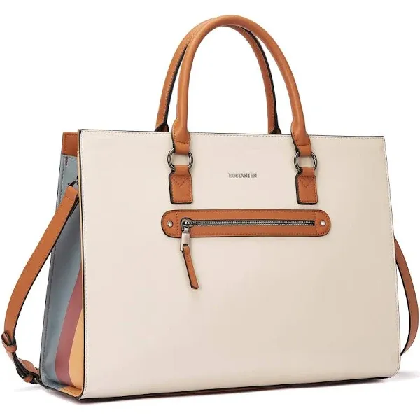 BOSTANTEN Designer Briefcase for Women 15.6 inch Leather Laptop Ladies Tote, Beige