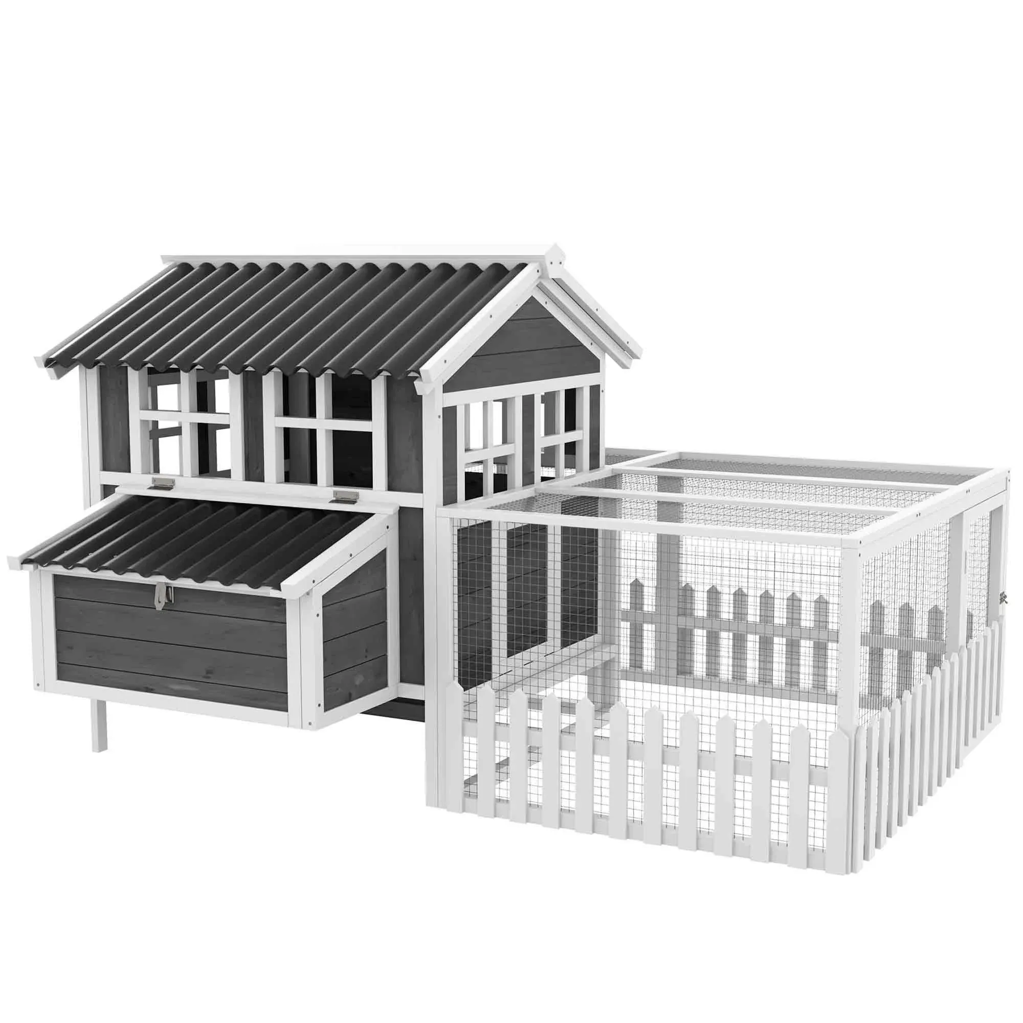 PawHut Wooden Chicken Coop with Run for 3-4 Chickens, Hen House with Nesting Box, Removable Tray, Fence, Outdoor Poultry Cage, 68" x 59" x 42", Gray