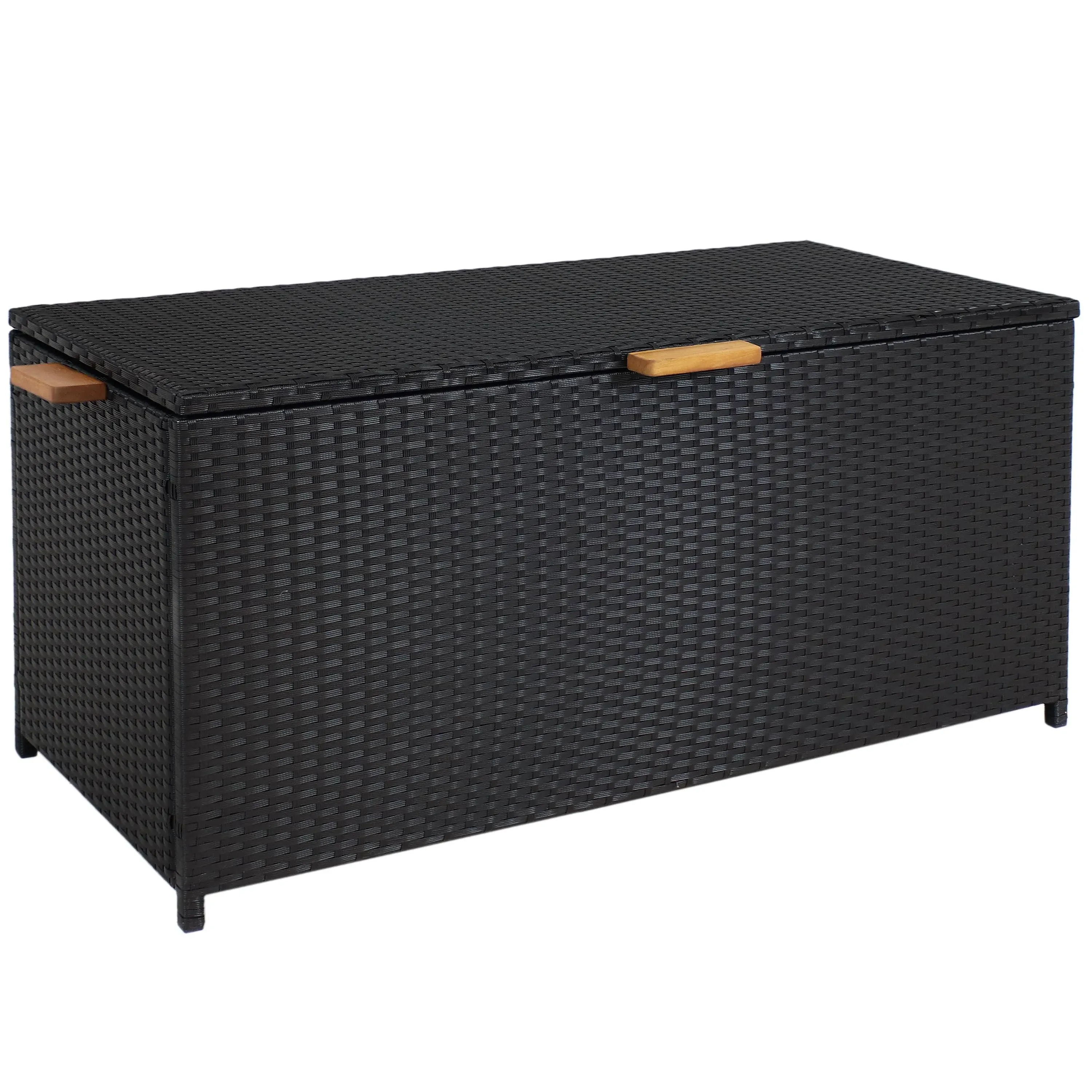 Sunnydaze 75-Gallon Faux Wicker Outdoor Deck Storage Box with Acacia Wood Handles - Hinged Lid - Black