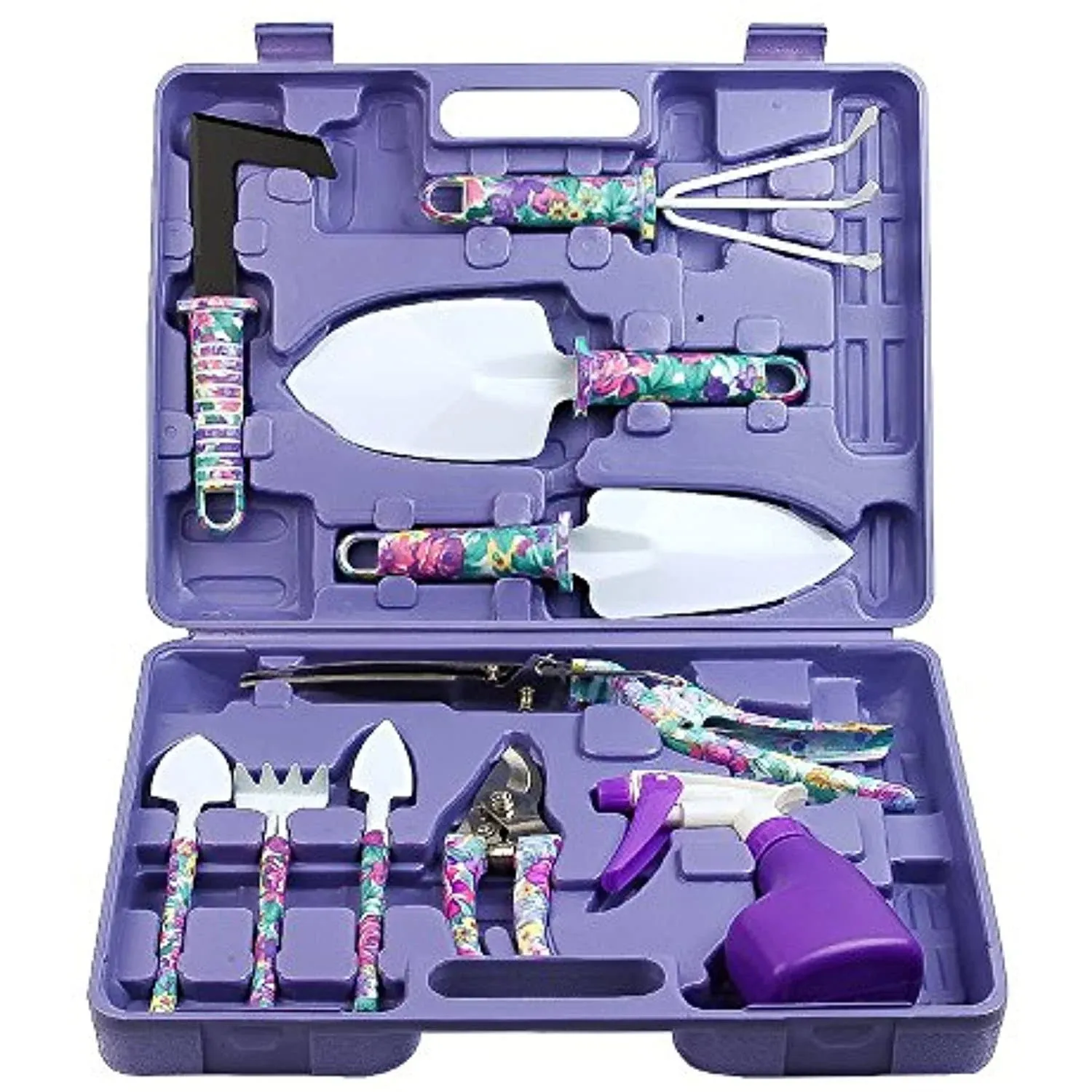 Garden Tools Set, JUMPHIGH 10 Pieces Gardening Tools with Purple Floral Print, Ergonomic Handle Trowel Rake Weeder Pruner Shears Sprayer, Garden Hand Tools with Carrying Case Gardening Gifts for Women