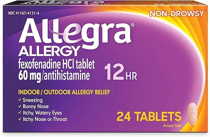 Allegra Adult 12HR Non-Drowsy Antihistamine, 24 Tablets, Fast-acting Allergy Symptom Relief, 60 mg