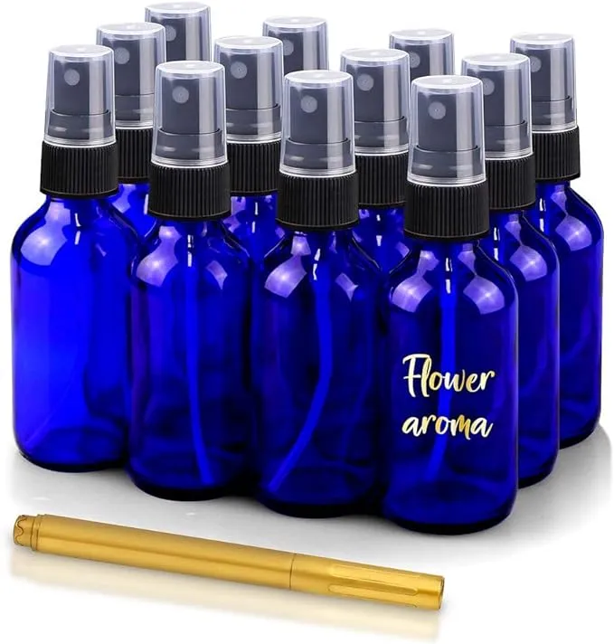 CULINAIRE 4oz Glass Spray Bottles with Gold Pen Marker, Small Spray Bottle for Hair Spray, Essential Oil, Colognes, and Hand Sanitizers, Blue, Pack of 12