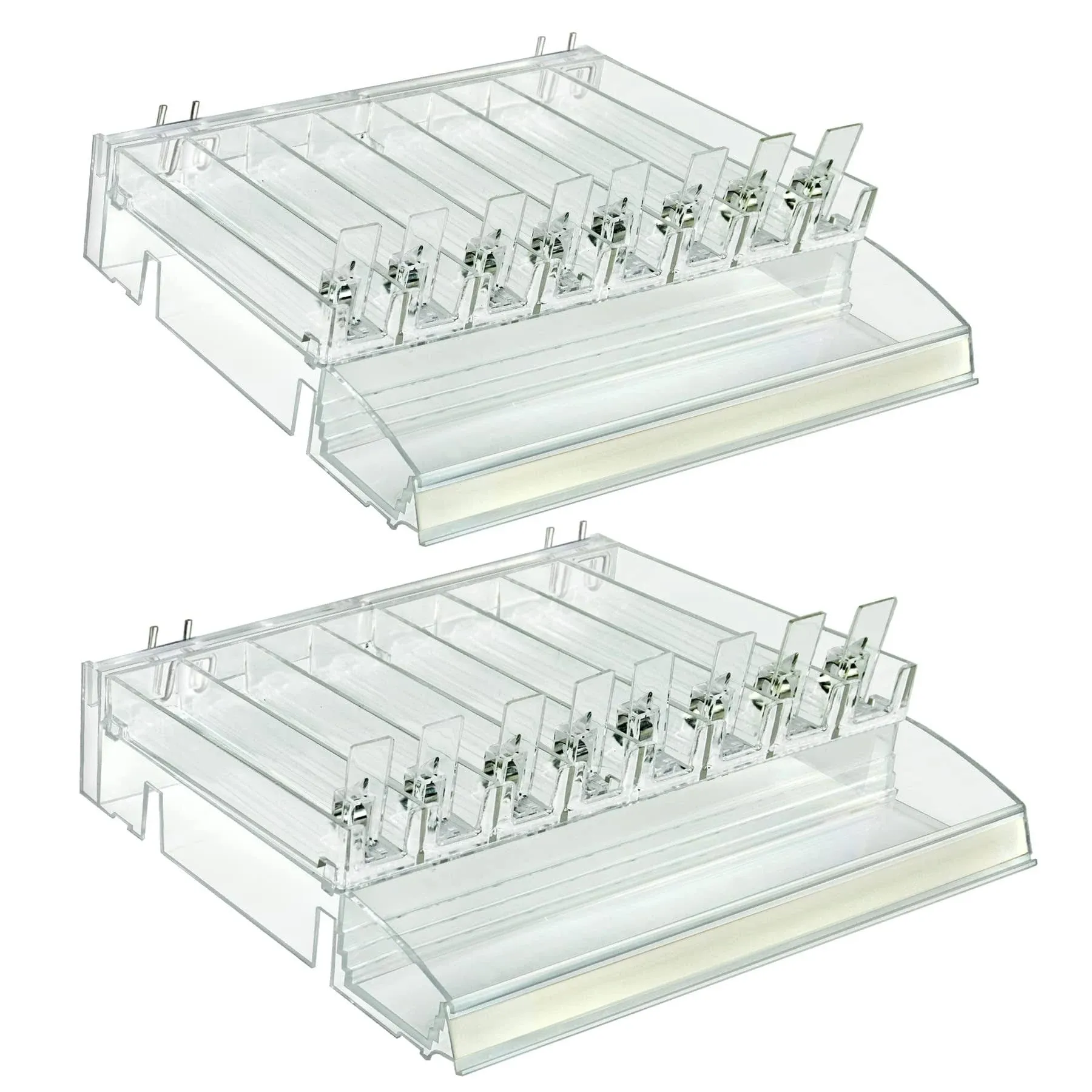 Clear 8 Compartment Divider Bin Cosmetic Tray with Tester Tray on Front and with Pushers, 2-Pack