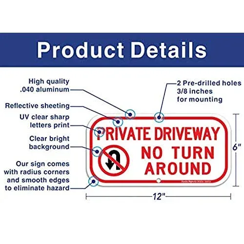 (2 Pack) Private Driveway, No Turn around Sign, Private Driveway Sign, Reflectiv