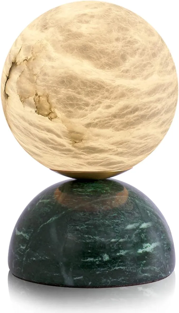 pinyan Handcrafted Natural Alabaster Stone Globe Table Lamp with Marble White 