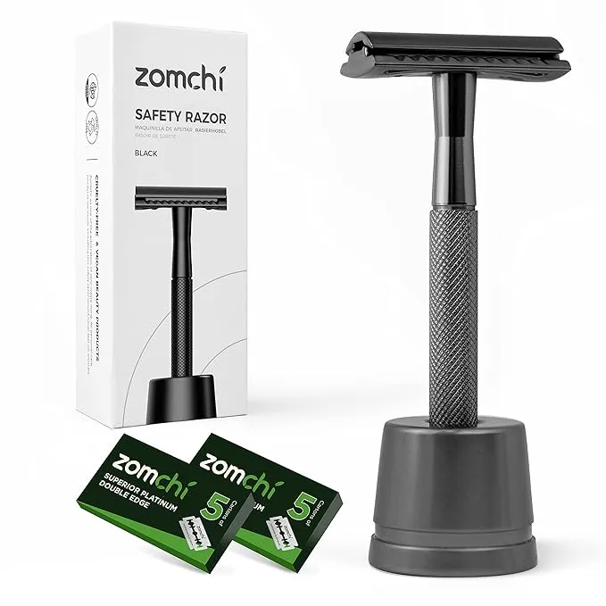 ZOMCHI Double Edge Safety Razor with 10 Safety Razor Blades, Single Blade Razor for Men with Razor Stand, Men's Safety Shaving Razors – Black