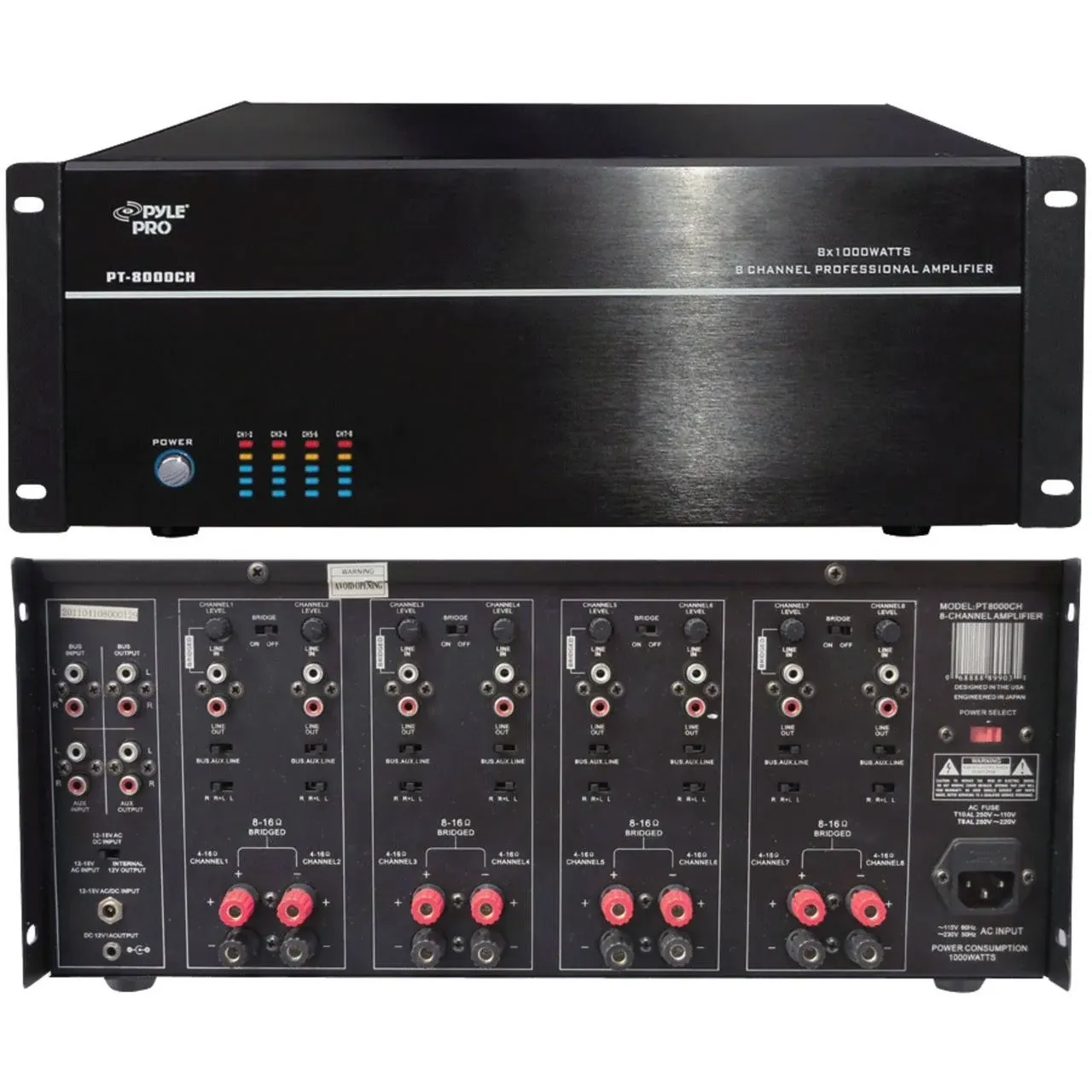 Pyle Pro PT8000CH 8-Channel Stereo/Mono Amplifier