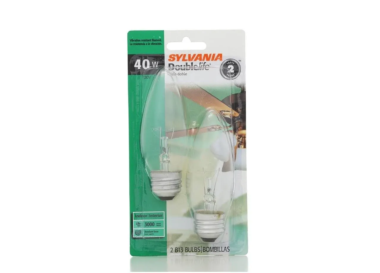 LEDVANCE 40W B13 Double Life Incandescent Ceiling Fan Light Bulb, Medium Base, 2850K, Clear - 2 Pack (13369)