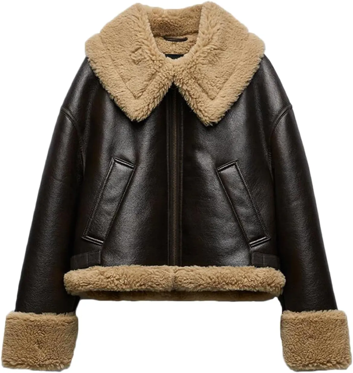 LY VAREY LIN Women Faux Leather Jacket with Faux Fur Lining Warm Winter Biker Coat