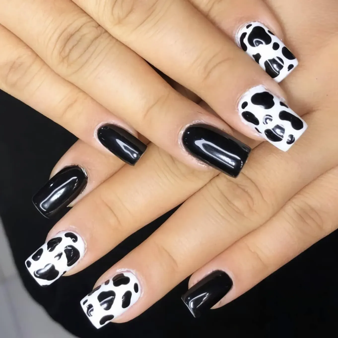 BABALAL Square Press on Nails Short Cow Print Nails Glue on Nails Black Glossy Acrylic Nails 24Pcs Cute Squoval Fake Nails for Women and Girls