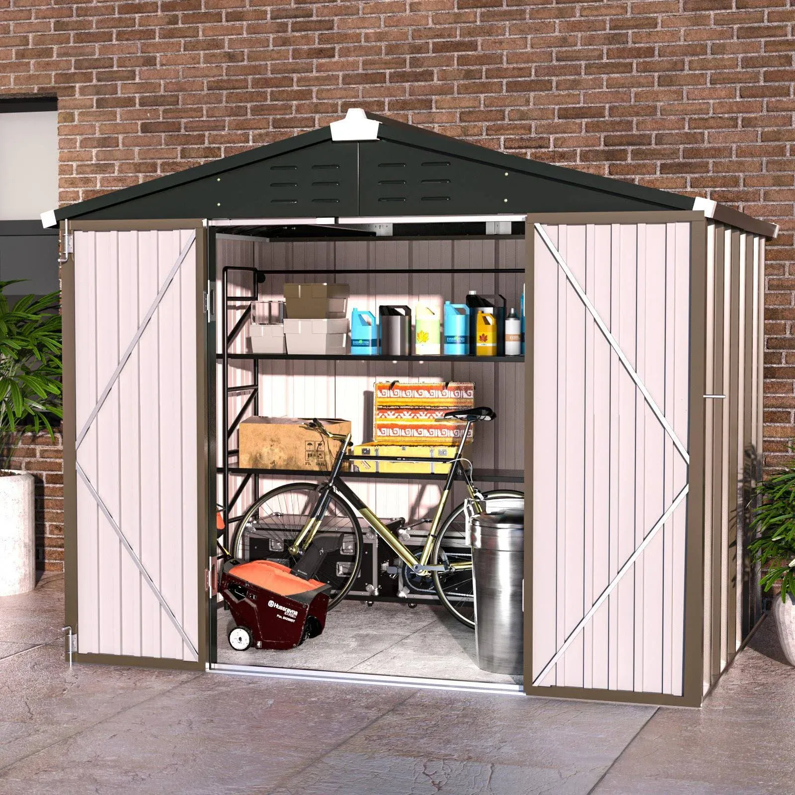 UDPATIO Metal Outdoor Storage Shed 8FT x 6FT, Outside Lockable Metal Garden Shed Steel Anti-Corrosion Outdoor Storage House with Lockable Door for Trash Can, Bike, Backyard Garden Patio, Brown