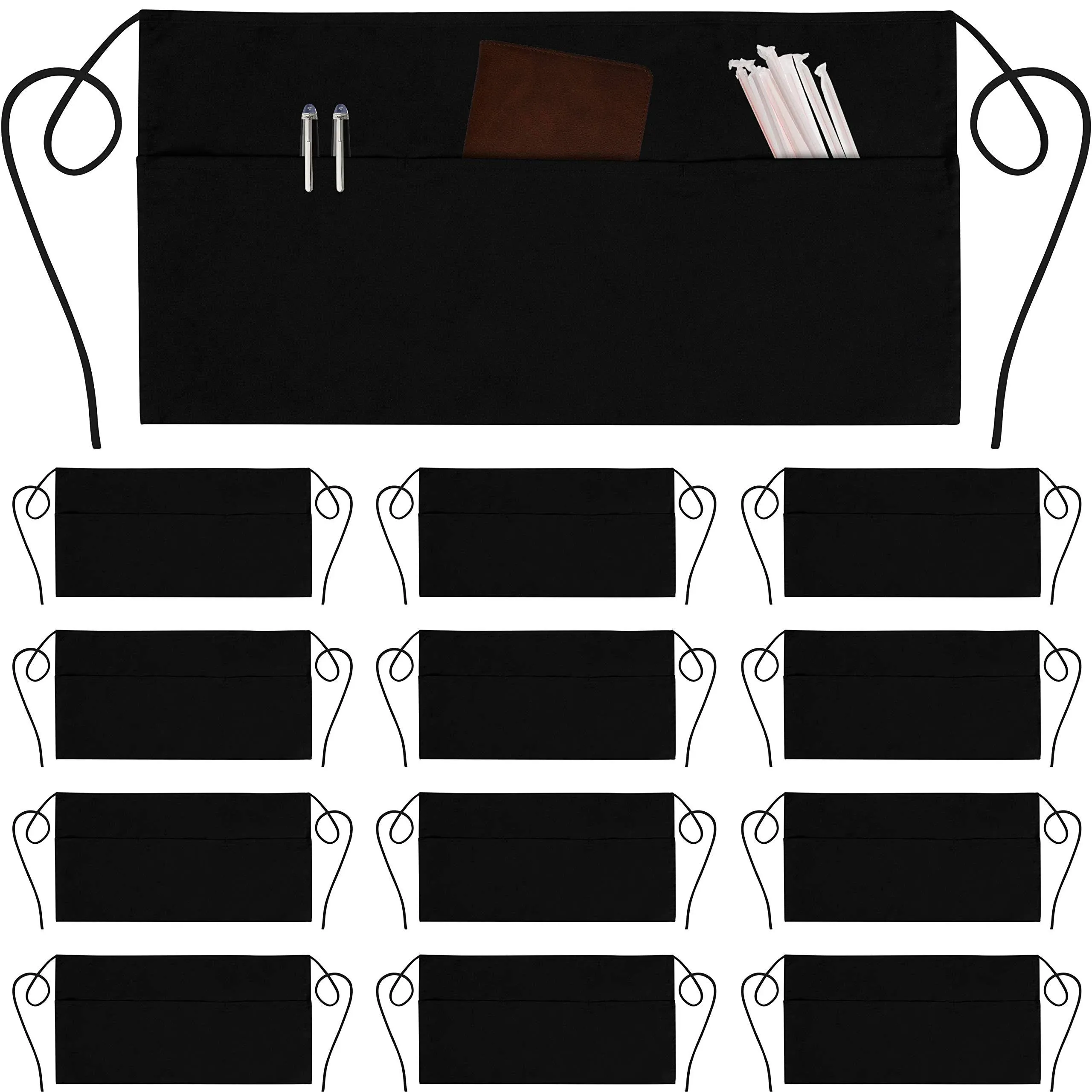 NOBONDO 12 Pack Waitress Aprons with 3 Pockets - Waist Aprons for Women Men Commercial Waiter Half Apron with Extra Long Straps Reinforced Seams for Restaurant Server Work