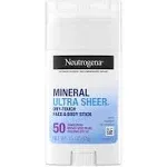 Neutrogena Ultra Sheer SPF 50 Zinc Mineral Sunscreen Stick, 1.5 oz