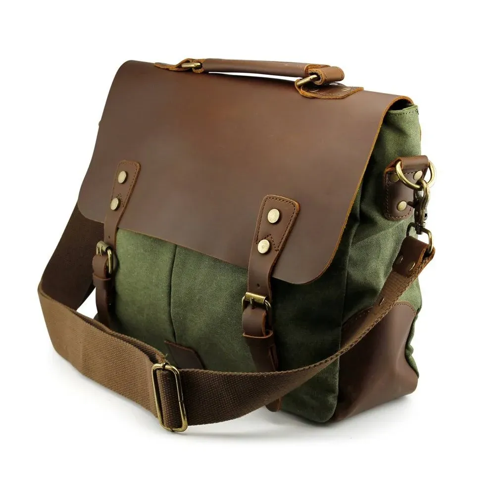 Genuine Leather Canvas Messenger Bag Green