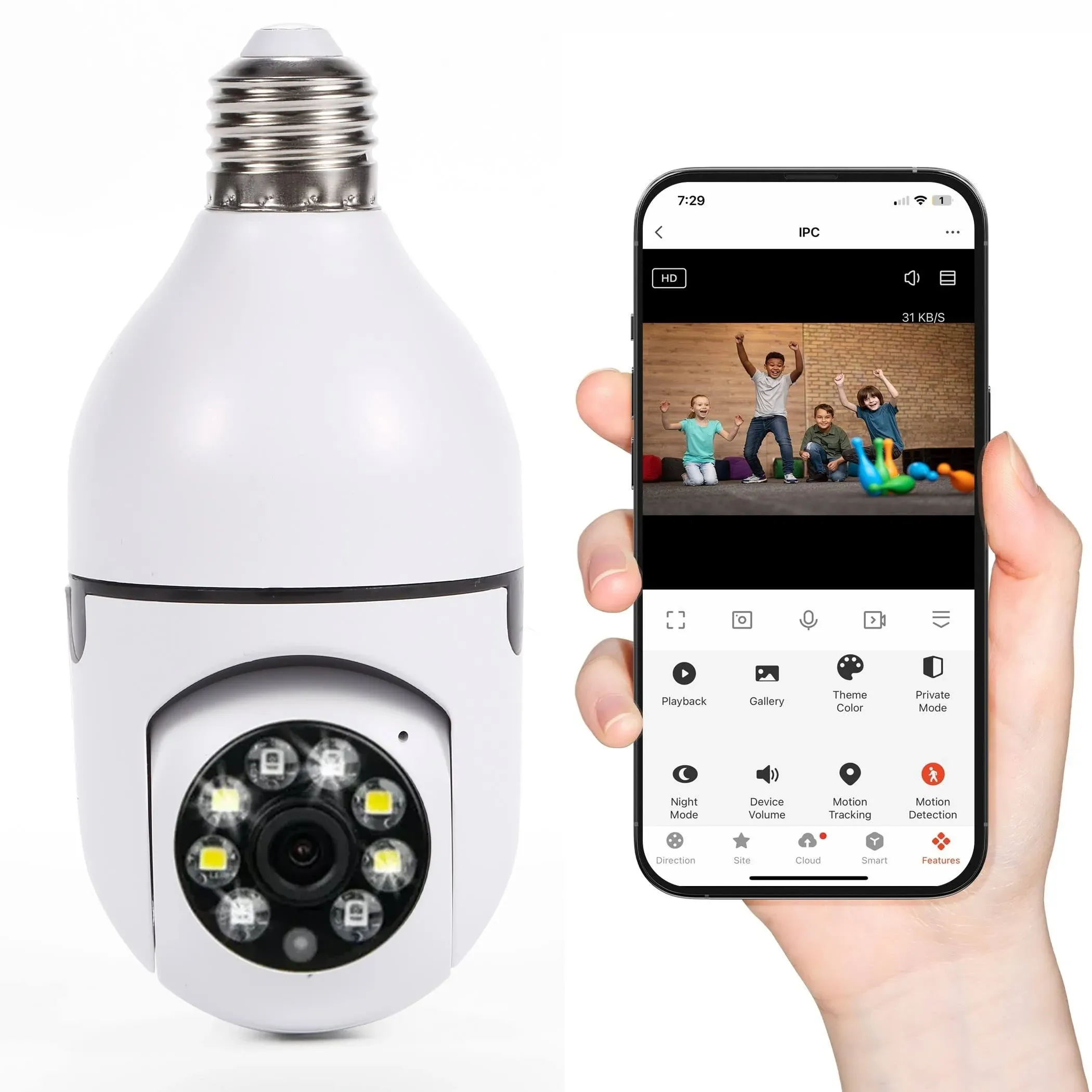 VYANLIGHT 4MP Security Camera with 2.4GHz WiFi, 360° Panoramic Pan-Tilt-Zoom View, 2K Full-Color Night Vision Bulb Video Camera, Motion Detection Audible Alarm Easy Install, Includes 64GB SD Card