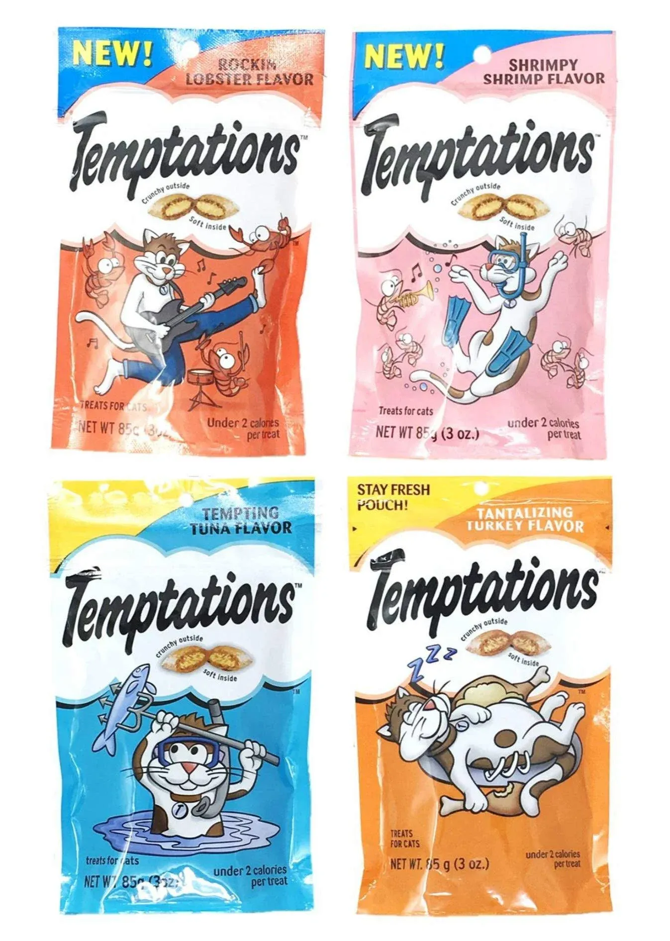 Temptations Cat Treats Variety Pack Bundle of 4 Flavor Pouches (Rockin? Lobster, Shrimpy Shrimp, Tempting Tuna, Tantalizing Turkey; 3 oz Each)