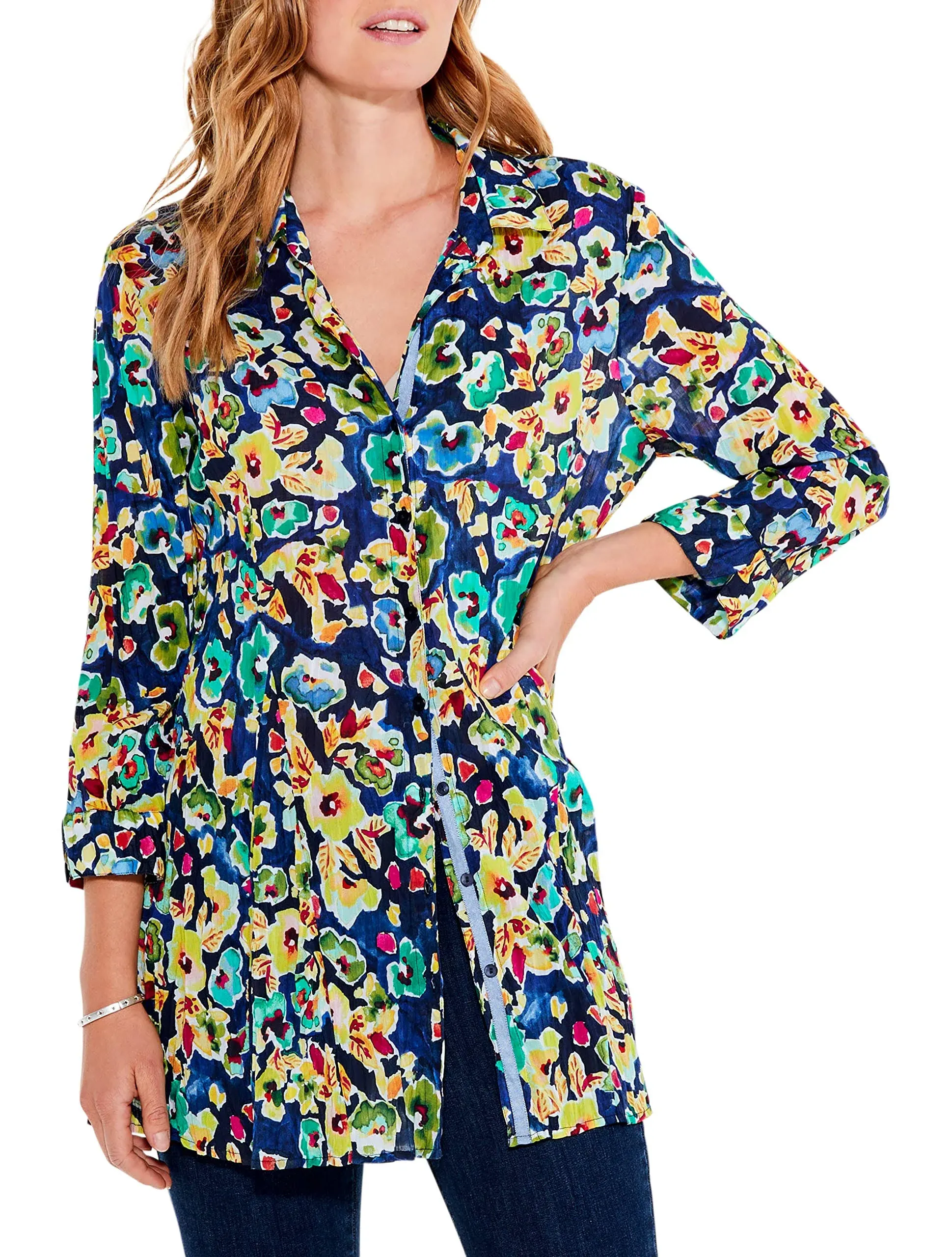 NIC+ZOE Plus Size Bold Blossoms Crinkle Shirt, Size 1X, Blue