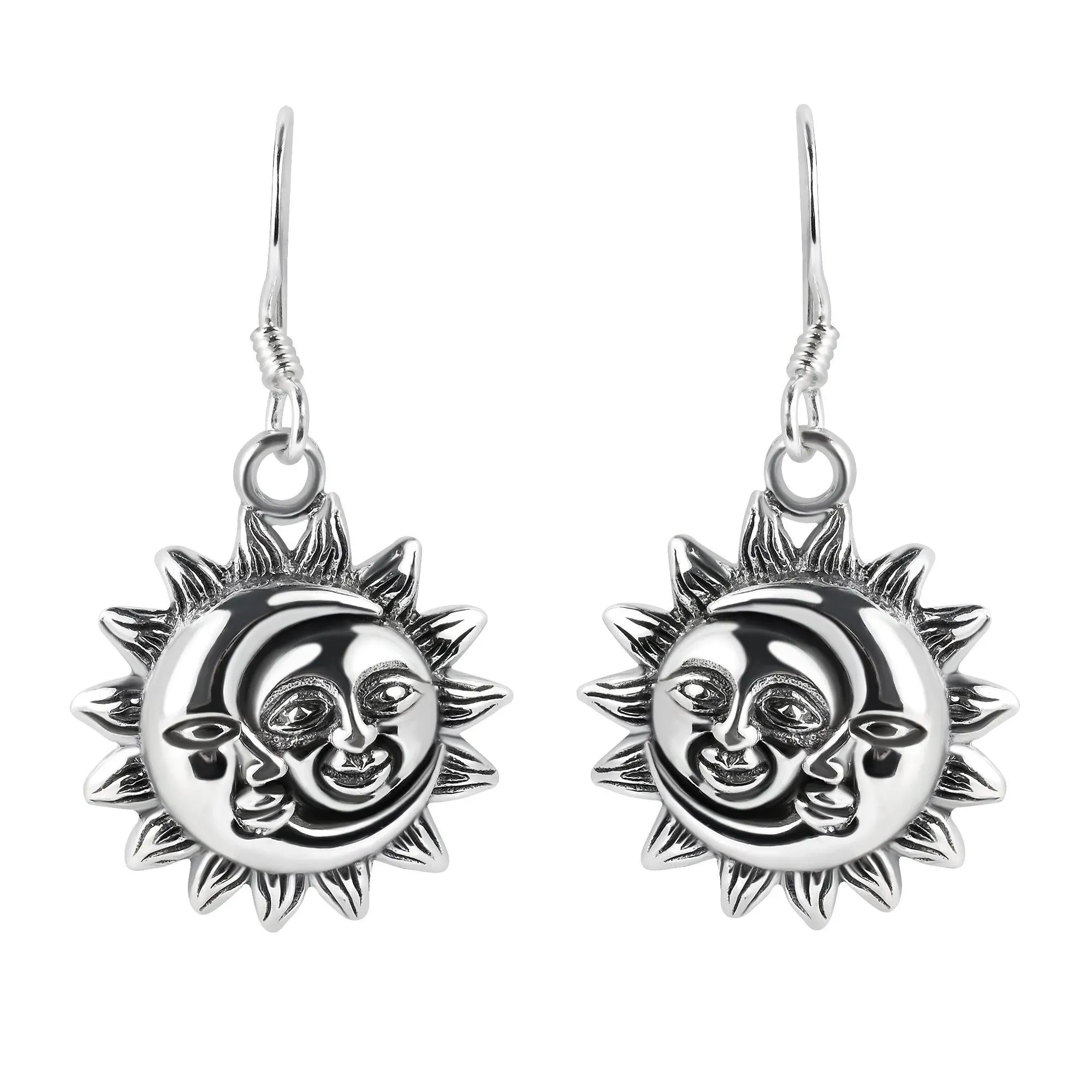 Glinting Celestial Sun And Moon Sterling Silver Dangle Earrings