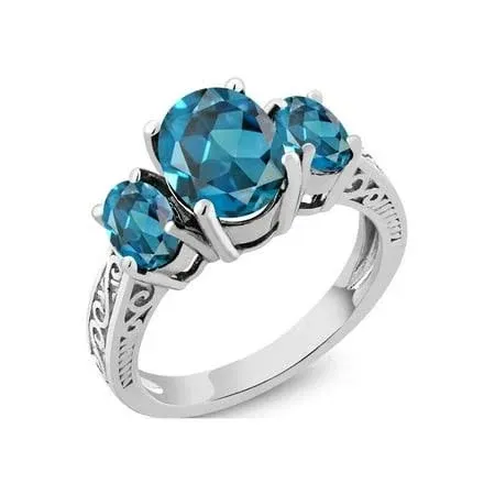 Gem Stone King 925 Sterling Silver London Blue Topaz Women's Engagement 3 Stone ...