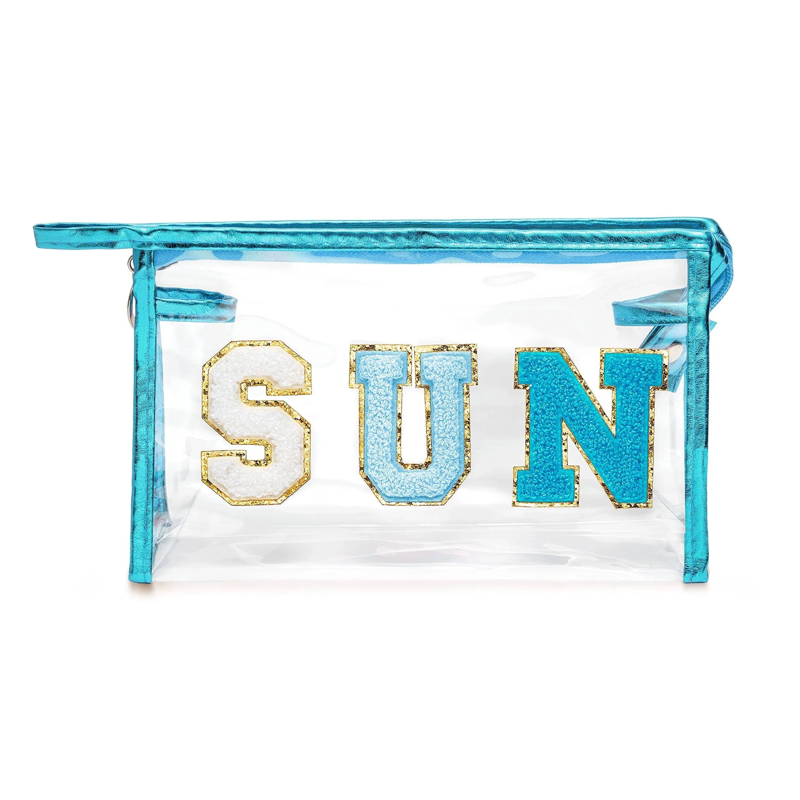 Y1tvei Preppy Patch SUN Varsity Letter Cosmetic Toiletry Bag Transparent PVC Zipper Makeup Bag Clutch Purse Portable Waterproof Travel Organizer Compliant Bag for Women Girls Teens (Blue)