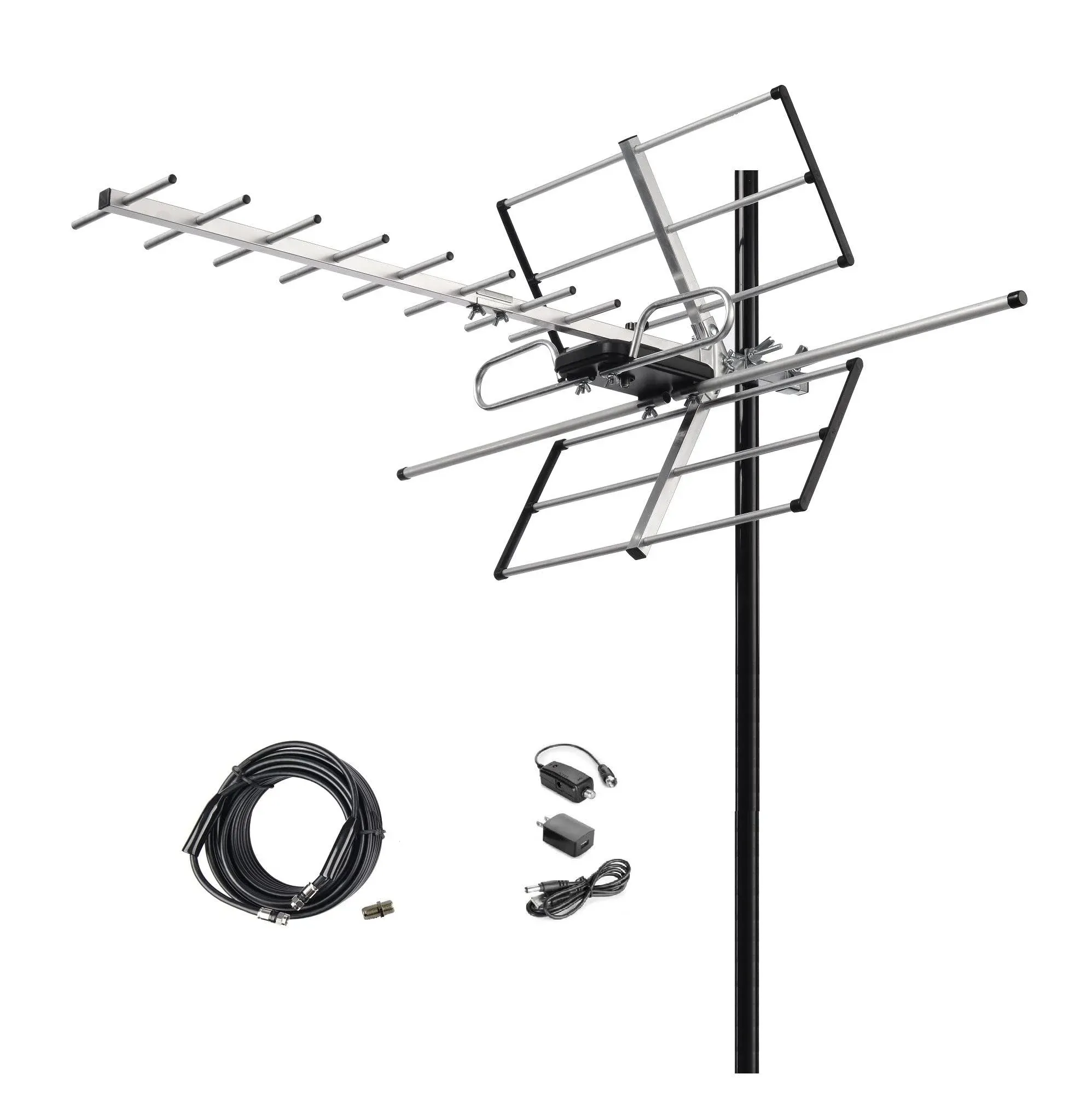 Digital Amplified Outdoor HDTV Antenna - 120 Miles Range - Built-in Amplifier - Performance in UHF/VHF - 40 feet RG6 Coax Cable - Tools Free Installation