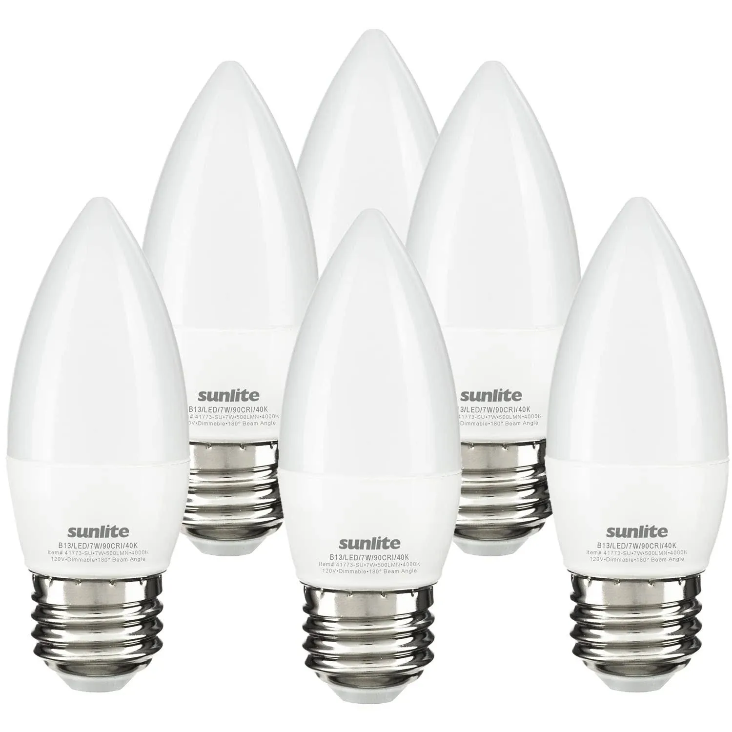 Sunlite 41773 LED B13 Decorative Chandelier Light Bulb, 7 Watts (60W=), 500 Lumens, 120 Volts, Dimmable, E26 Base, Energy Star, 90 CRI, ETL Listed, Torpedo Frosted, Title-20, 4000K Cool White, 6 Pack