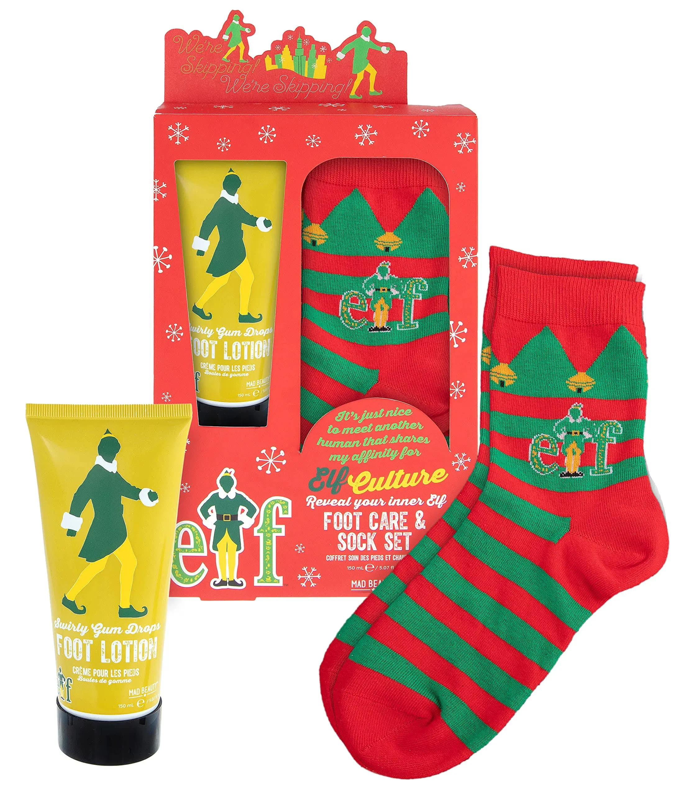 MAD Beauty Warner Bros Elf Movie Footcare & Sock Set, Swirly Gum Drop Scented Lotion, Moisturize, Revitalize, Relax, Unwind, Festive Socks, Gift