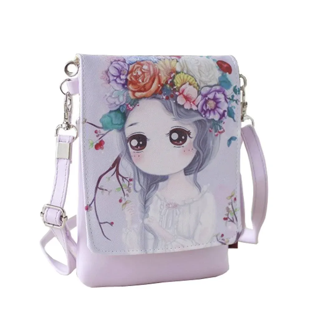 Teen Girls Kids Cartoon PU Leather Mini Shoulder Bags Cell Phone Case Purse Wallet