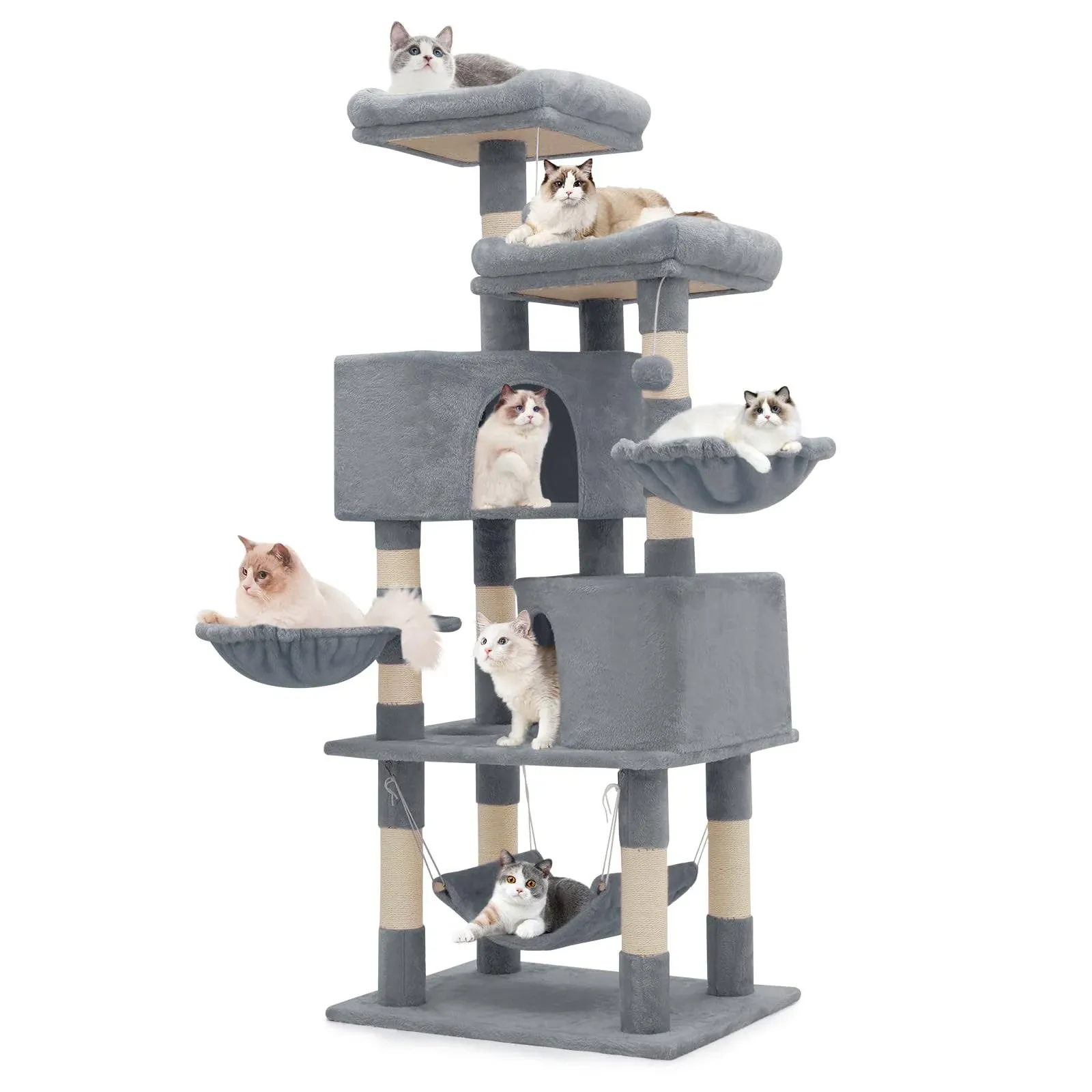 MoNiBloom Cat Tree, 58 Inch, Light Grey - 8 Sisal Scratching Posts, 2 Condos,...