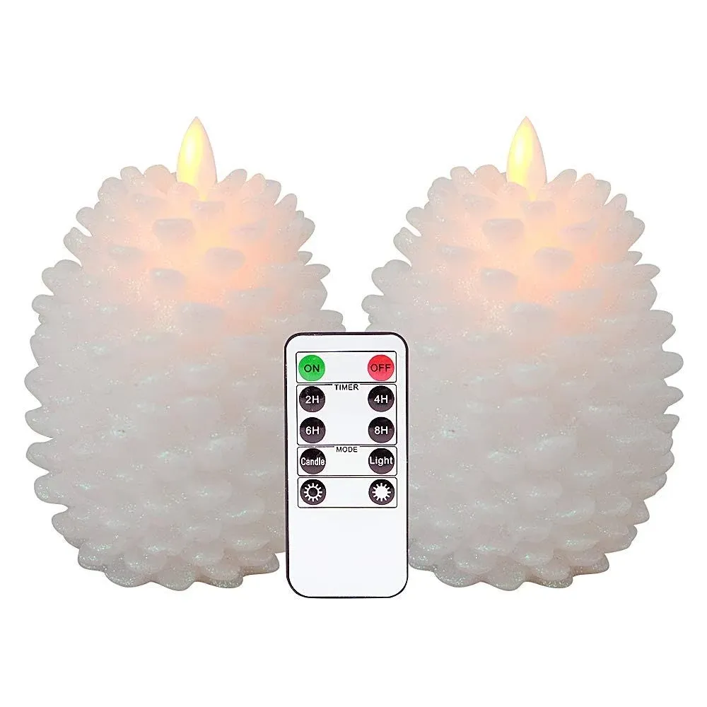 Eldnacele LED Pine Cone Candles with Remote Timer, Battery Operated White 