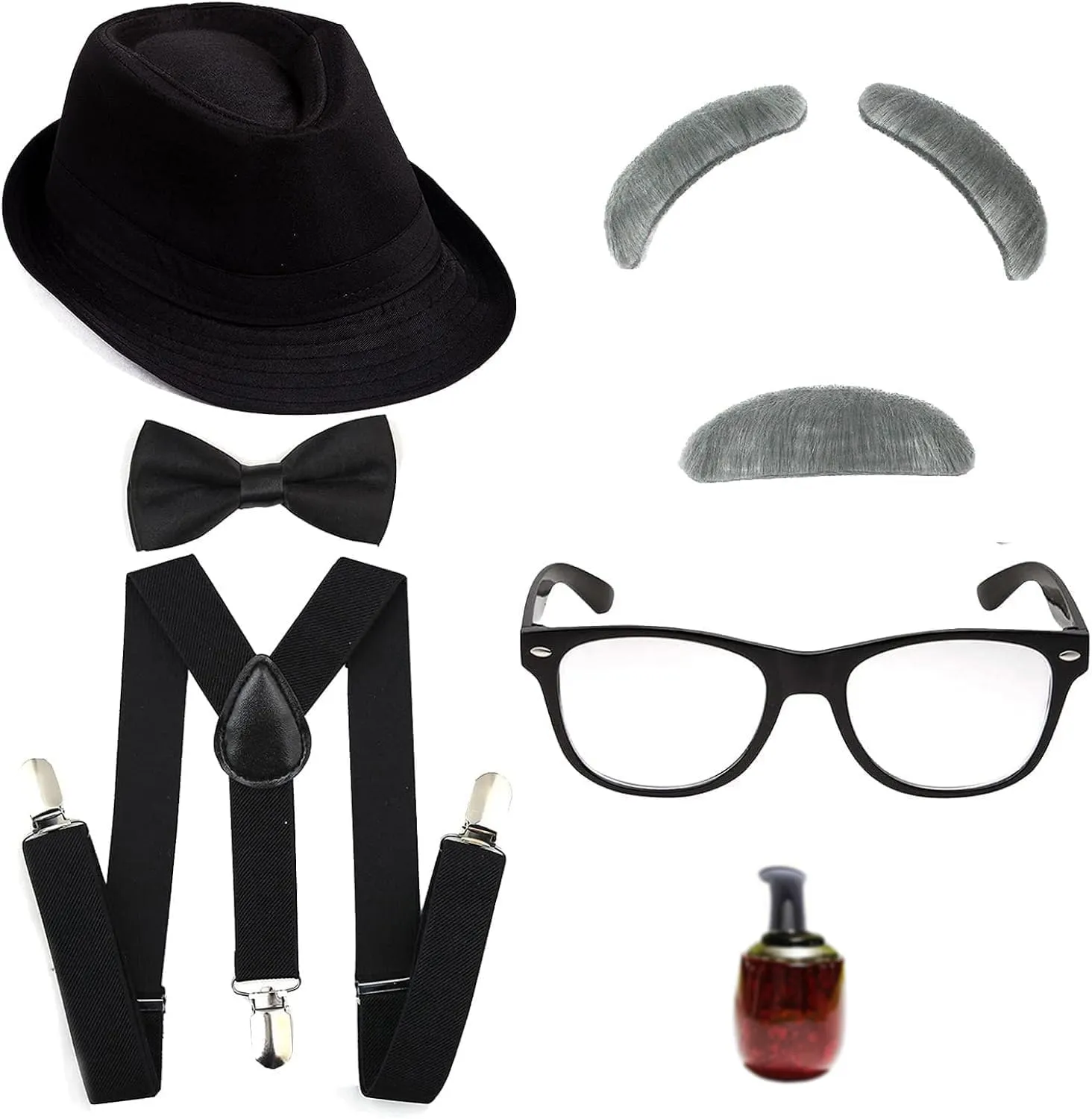 1920&#39;s Costume Set For Boys Girls, 100 Days Of School Grandpa Old Man Costume Set, Black Hat &amp; Bow Tie &amp; Suspenders &amp; Eyebrow Props &amp; Mustache &amp; Glasses, Halloween Carnival Cosplay Photo Props, LARP Party Supplies, Stage Performan