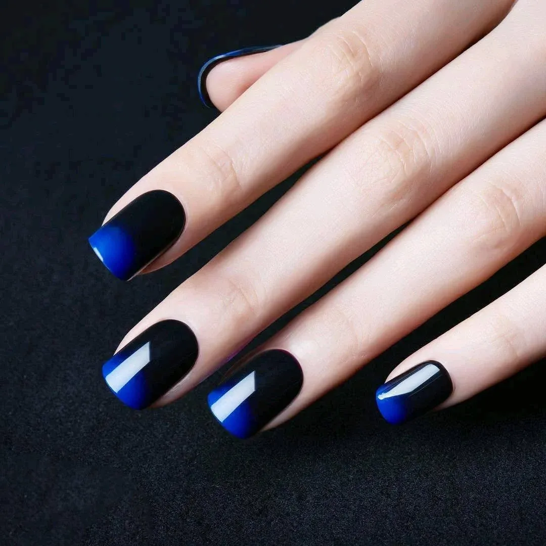 SIUSIO 24Pcs Fake Nails Black Full Cover Short Gradient Jewelry Blue Top Coat False Nail Covered Gel Art Tips Sets for Women and Girls